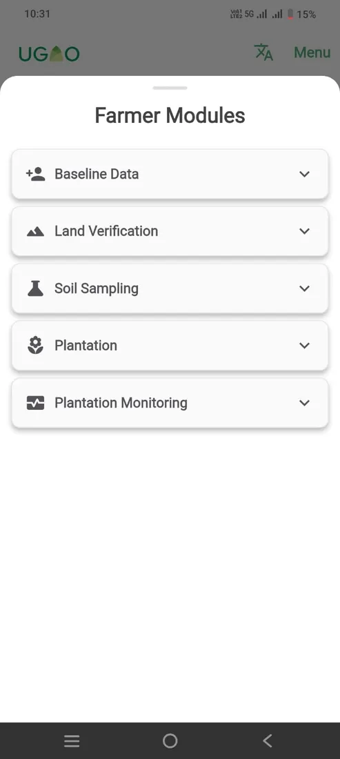 UGAO farmer modules: baseline data, land verification, soil sampling, plantation, monitoring.