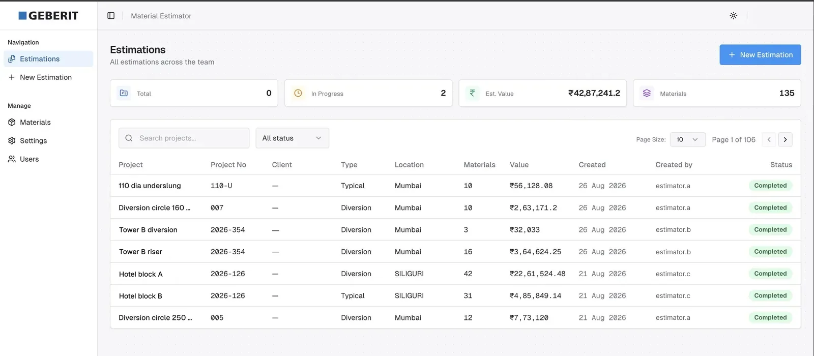 Estimations list showing projects with type, location, materials, value and status.