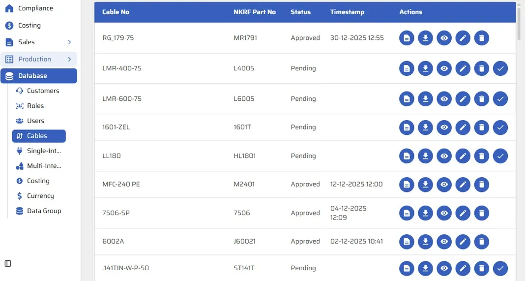 Parts database listing cable records with part numbers, approval status and timestamps.
