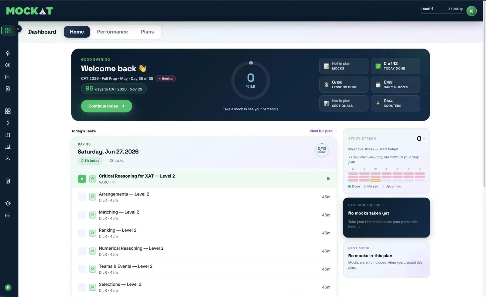 Student dashboard showing the daily study plan, progress and study streak.