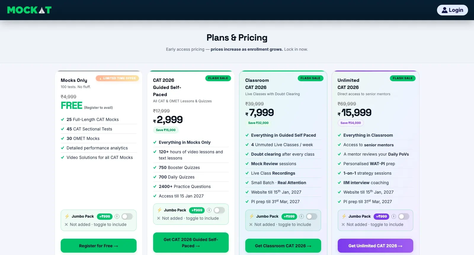 Subscription plans page listing preparation packages and pricing.