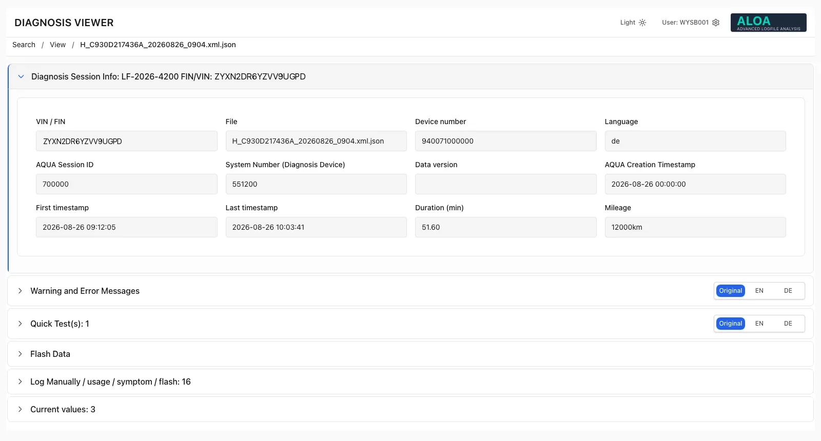 Diagnosis session detail showing session info, with warnings, quick tests, flash data and current values as collapsed sections.