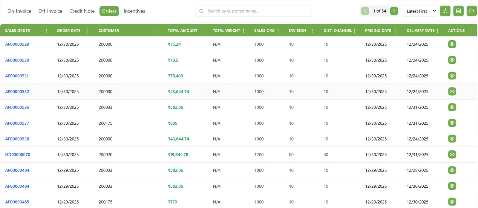 Orders list showing sales orders with amounts, sales organisation, division and dates.
