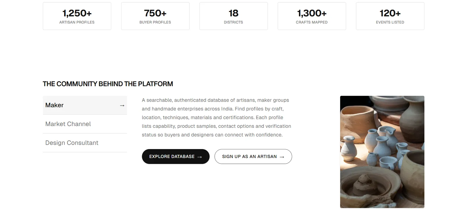 Craft community directory with profile categories and platform figures.