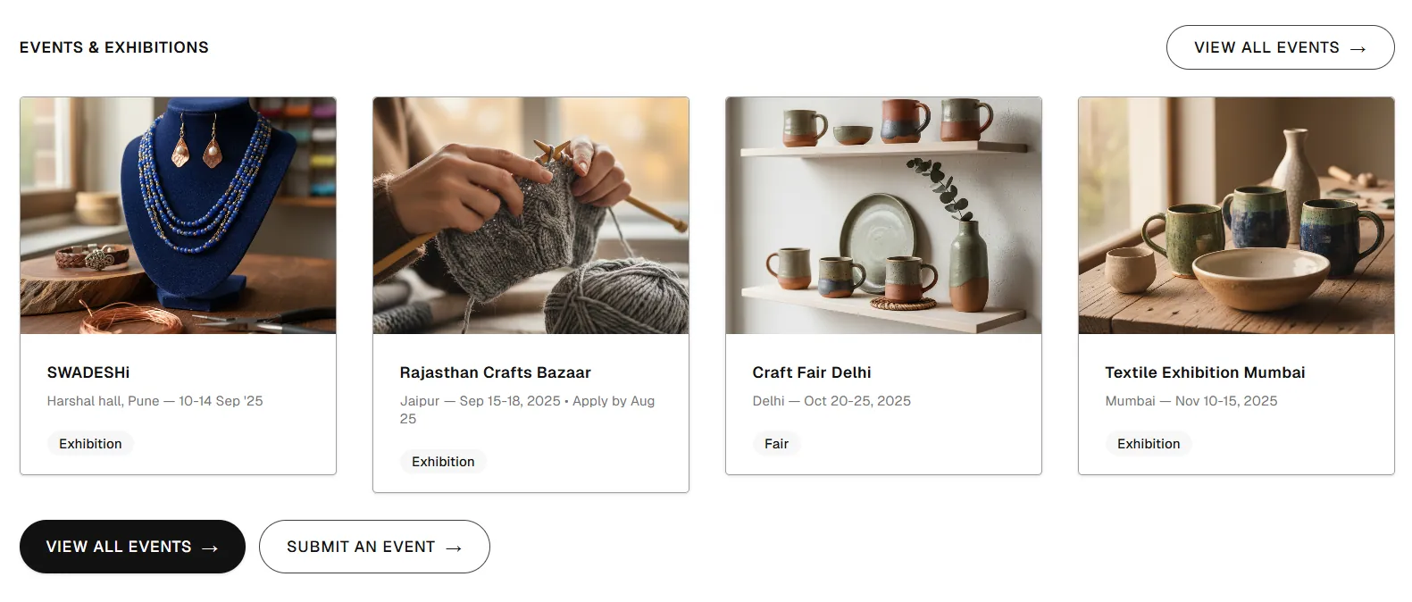 Events and exhibitions: craft fairs and exhibitions across Indian cities.