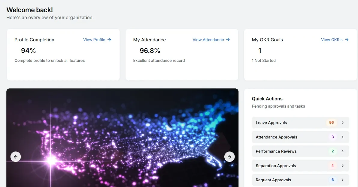 Employee dashboard showing profile completion, attendance, OKR goals, policies and pending approvals.
