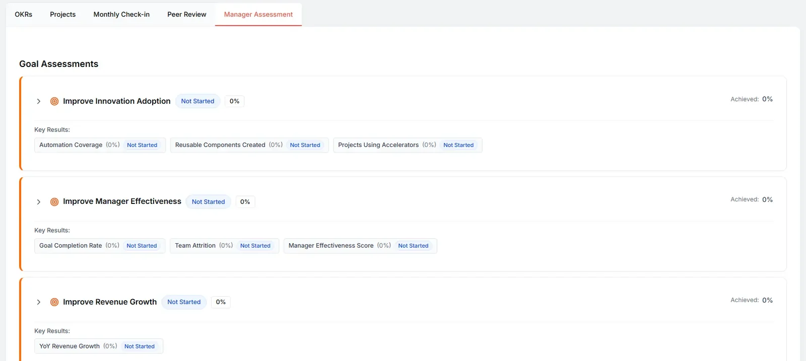 Manager assessment screen listing goals and key results.