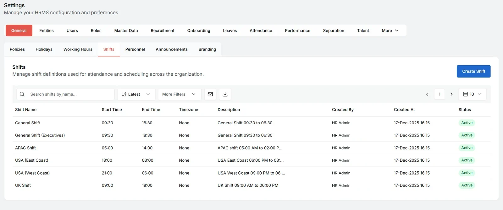Settings screen with shift definitions for general, APAC, US East, US West and UK shifts.